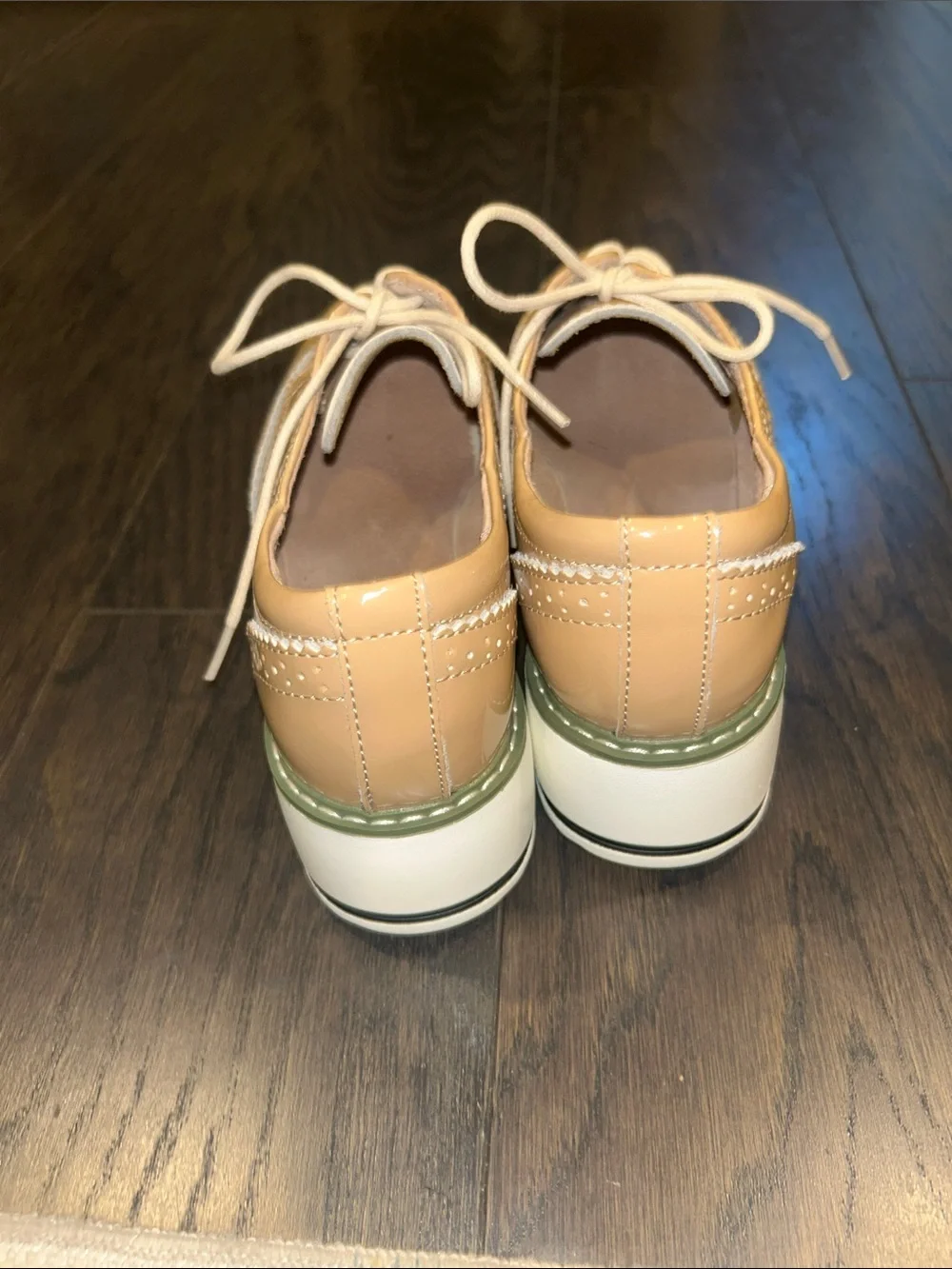 Platform Wingtip Derby Oxfords in Tan Patent